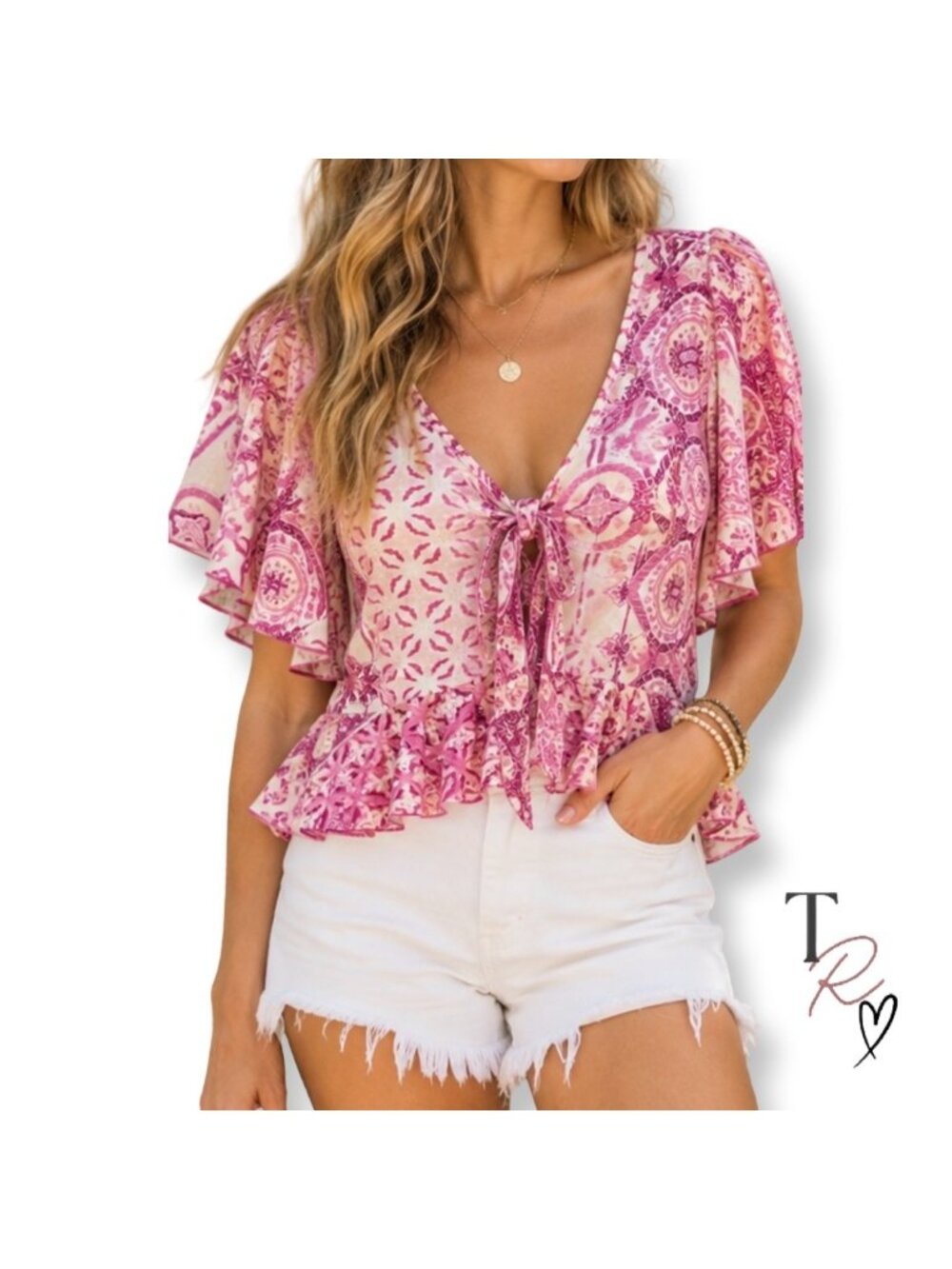 VENUS Y2K Boho Pink Floral Paisley Print Flutter Sleeve Tie Front Peplum Top M
